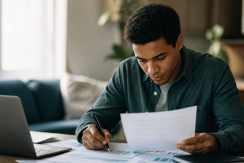 Entrepreneur etudiant documents financiers avec stylo noir