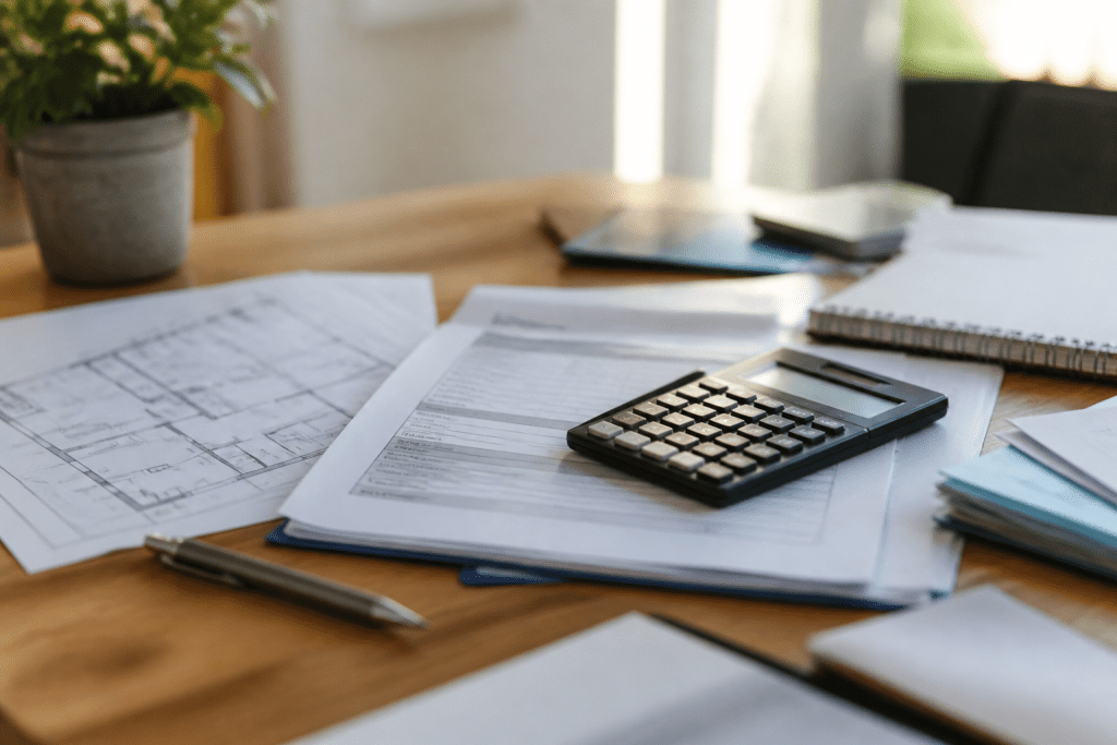 Devis immobilier avec documents et calculatrice sur bureau