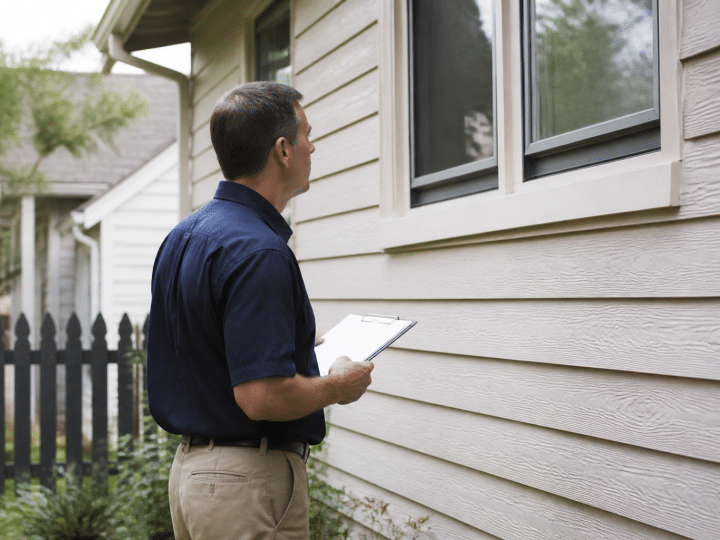 Inspector holding clipboard examining residential property exterior walls