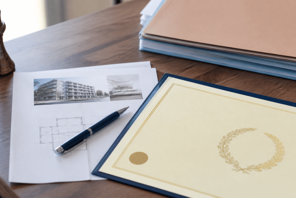 Diplome BTS avec documents immobiliers et stylo sur bureau