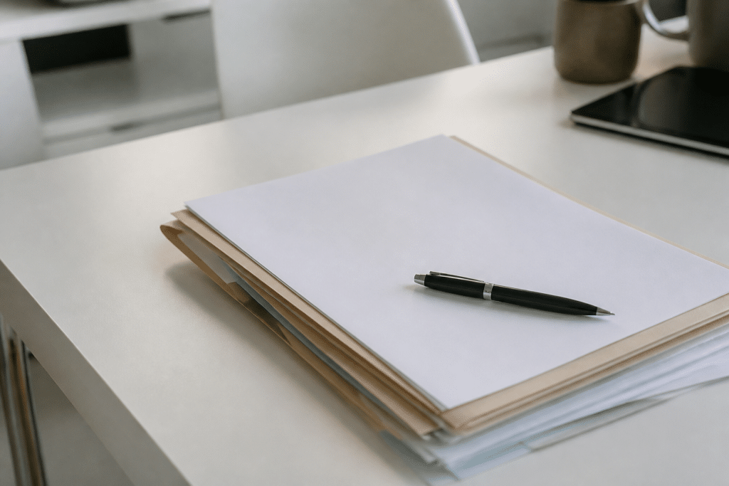 Documents immobiliers et stylo sur bureau blanc