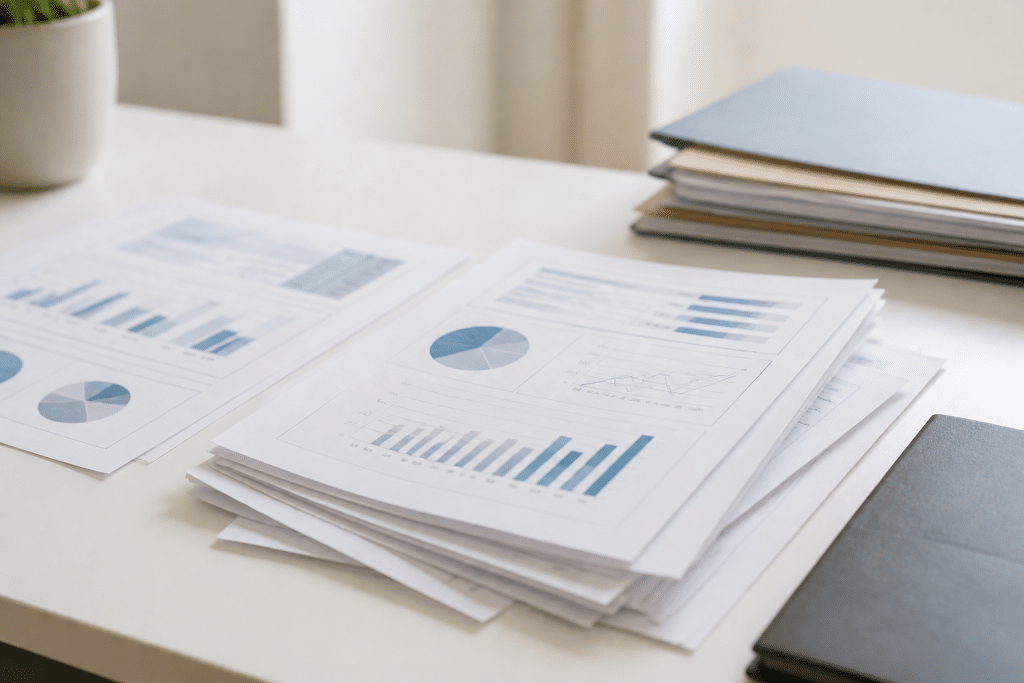 Documents professionnels et bilans comptables sur bureau blanc