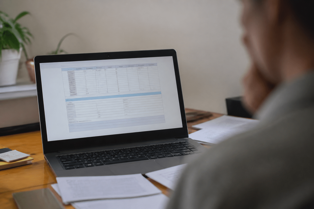 Ordinateur affichant donnees professionnelles et formulaires de consentement