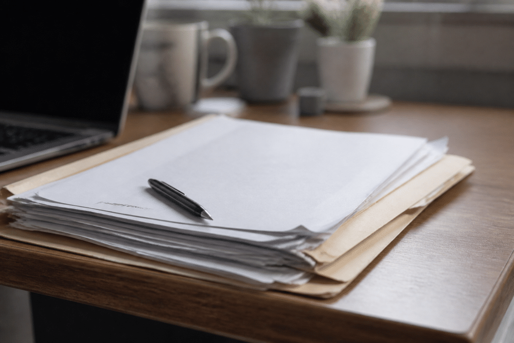 Dossier papier mis a jour avec documents et stylo noir