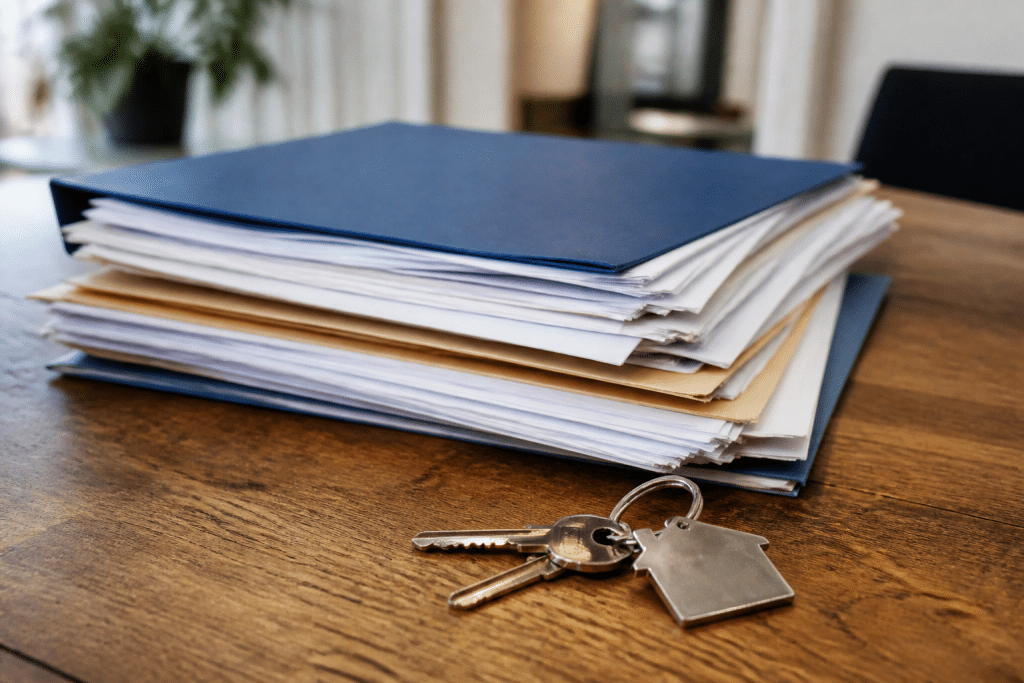 Dossier bancaire avec documents hypothecaires et cles immobilieres