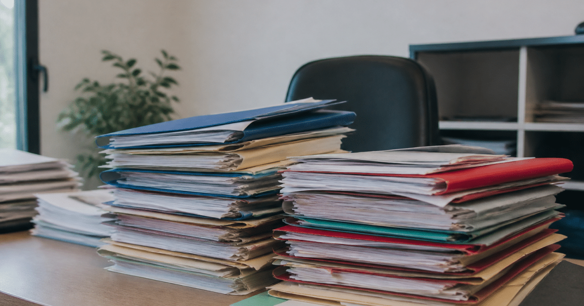 Dossiers papier empiles sur bureau immobilier professionnel