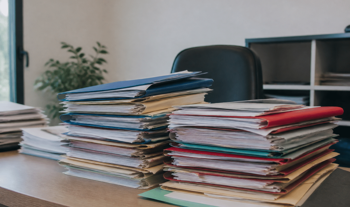 Dossiers papier empiles sur bureau immobilier professionnel