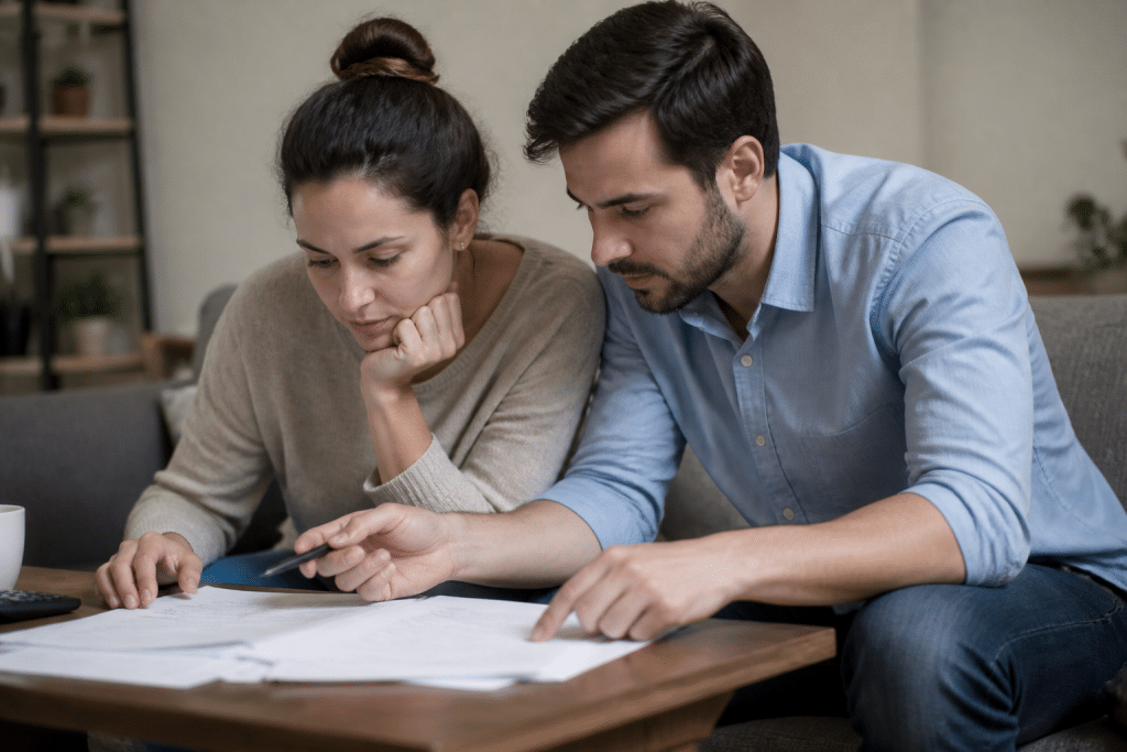 Couple examinant documents financiers avec stylo noir