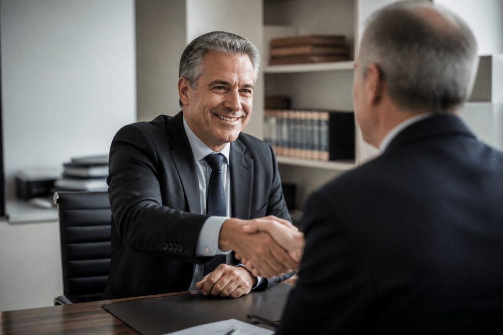 Homme en costume serrant la main d'un notaire en bureau