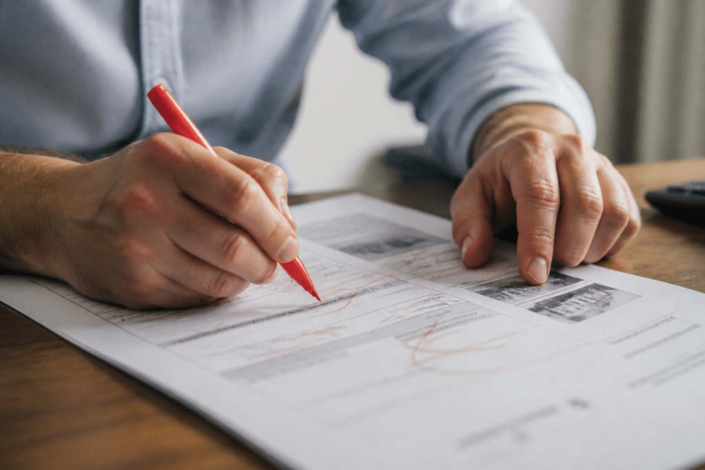 Document immobilier avec stylo rouge marquant erreurs de calcul