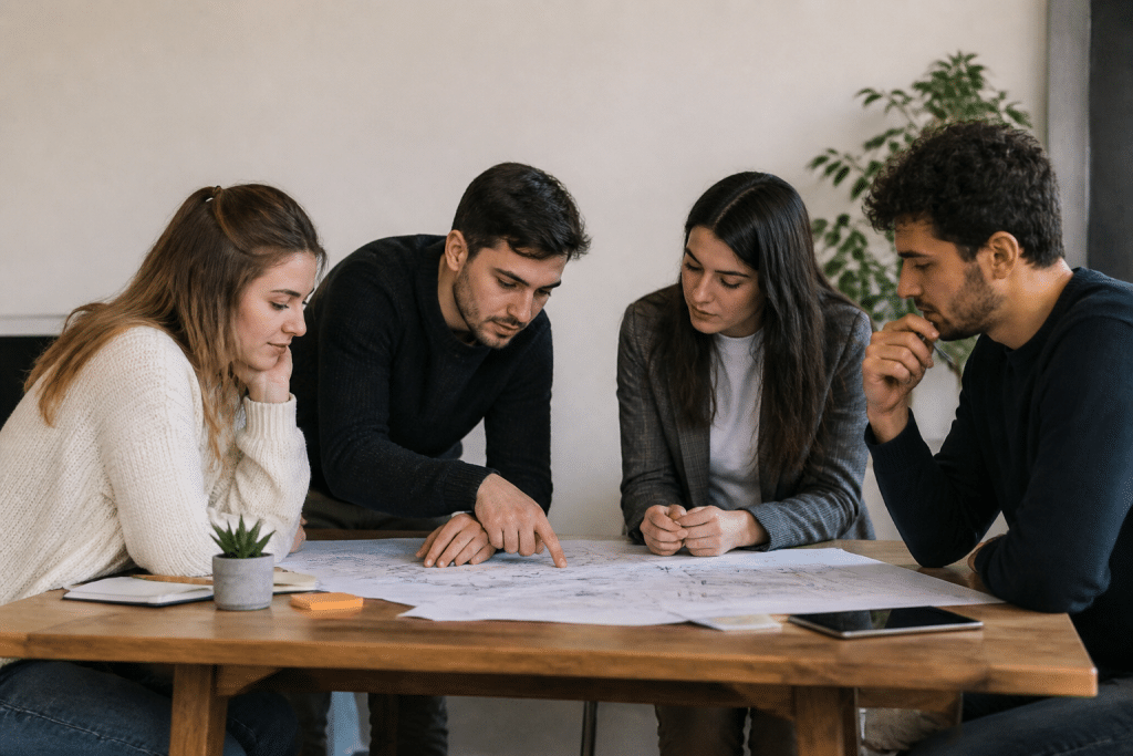 Etudiants en reunion autour de documents immobiliers professionnels
