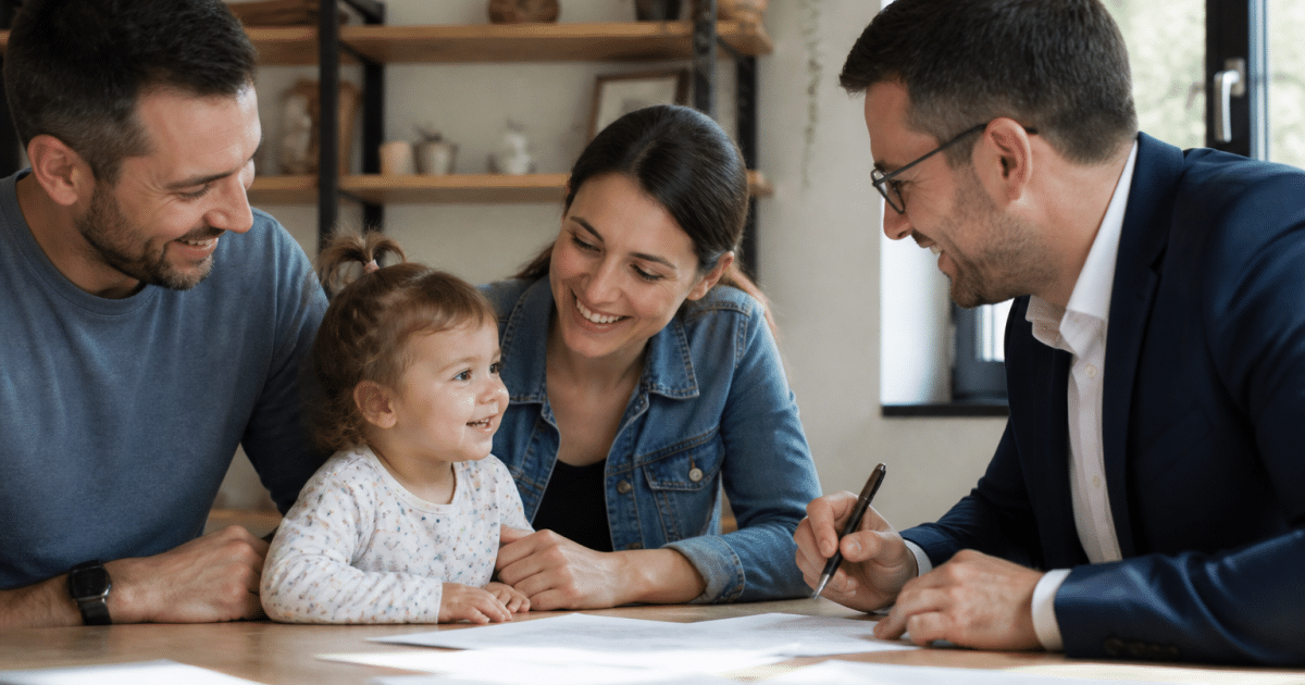 Famille autour table signant documents pret immobilier