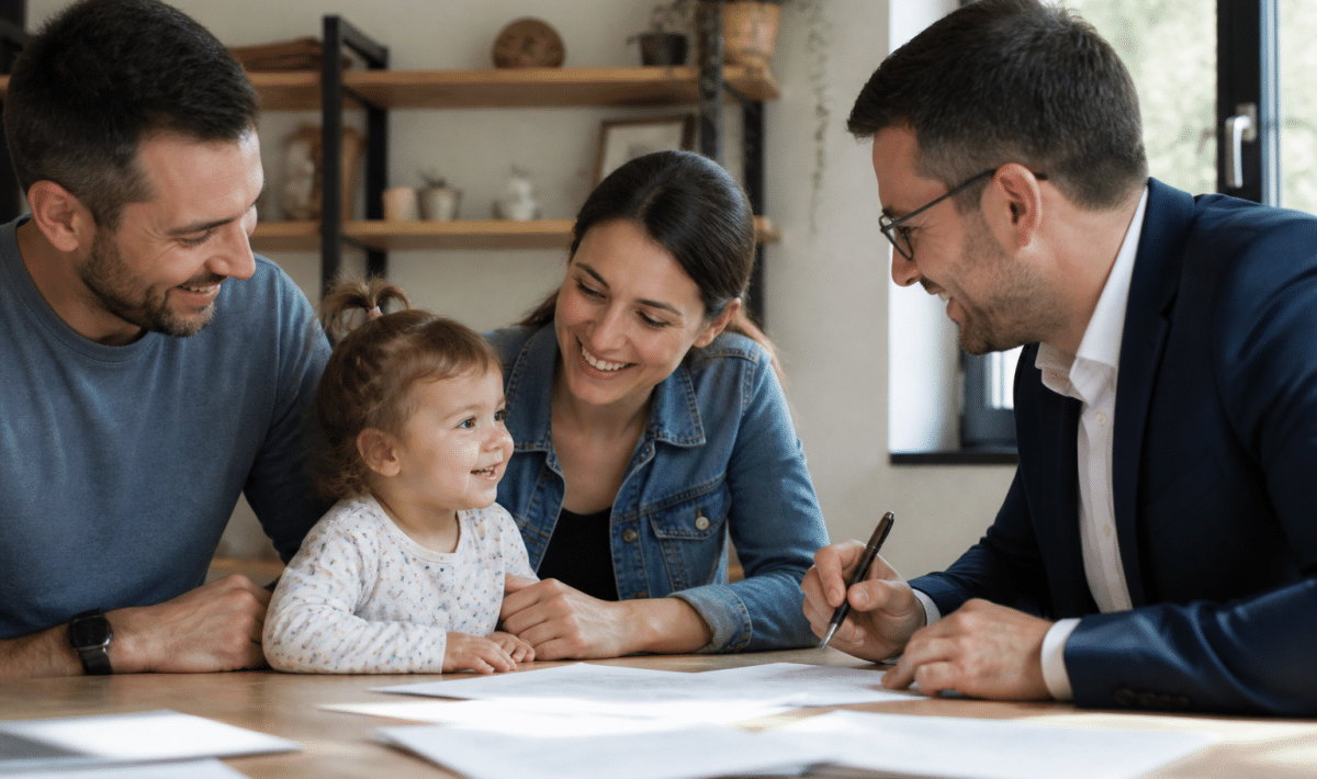 Famille autour table signant documents pret immobilier