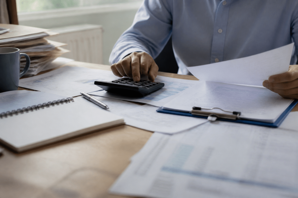 Documents fiscaux et calculs financiers sur bureau professionnel