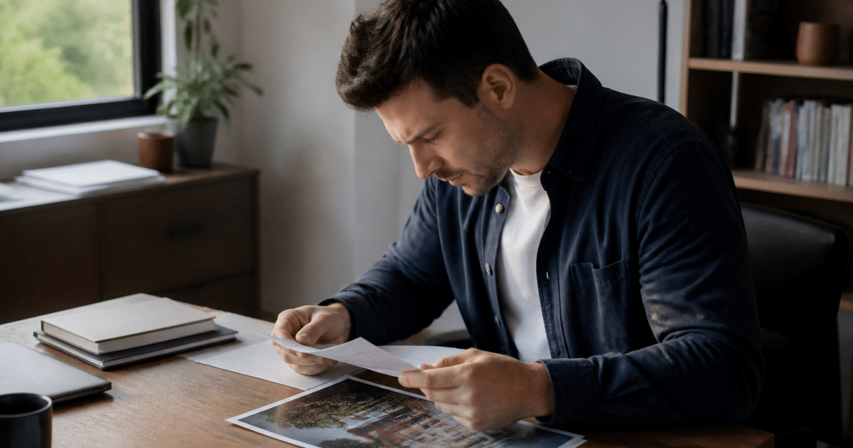Personne assise a un bureau etudiant des documents immobiliers