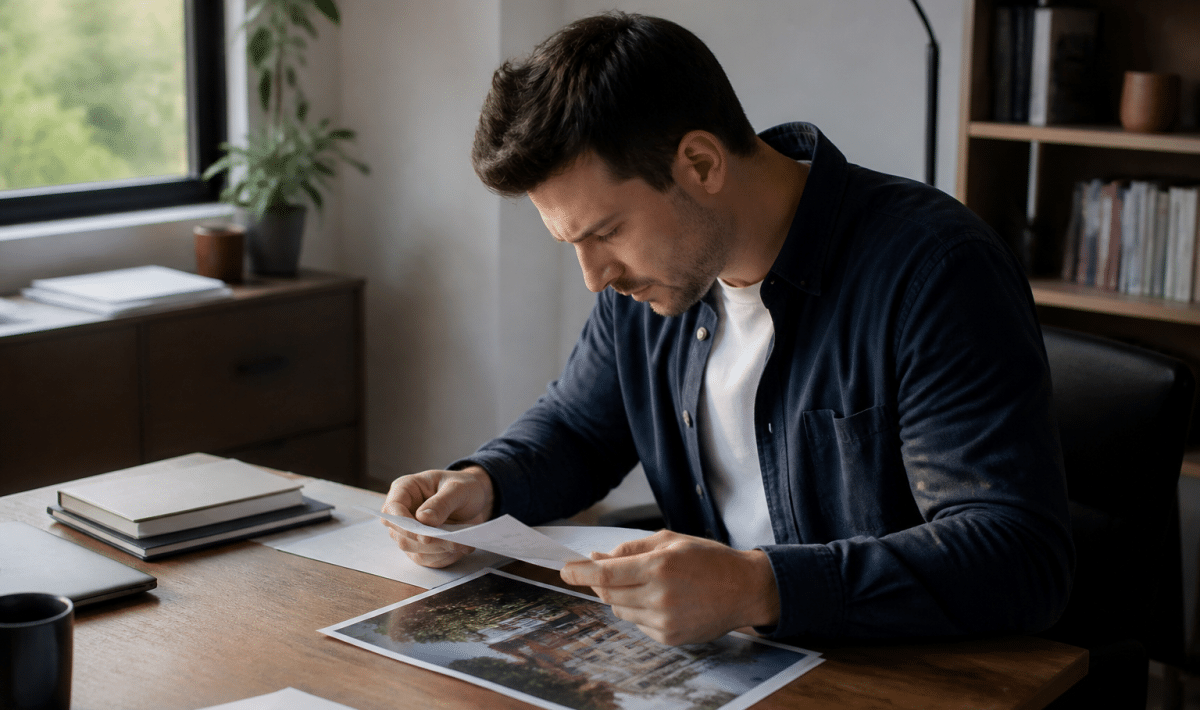 Personne assise a un bureau etudiant des documents immobiliers