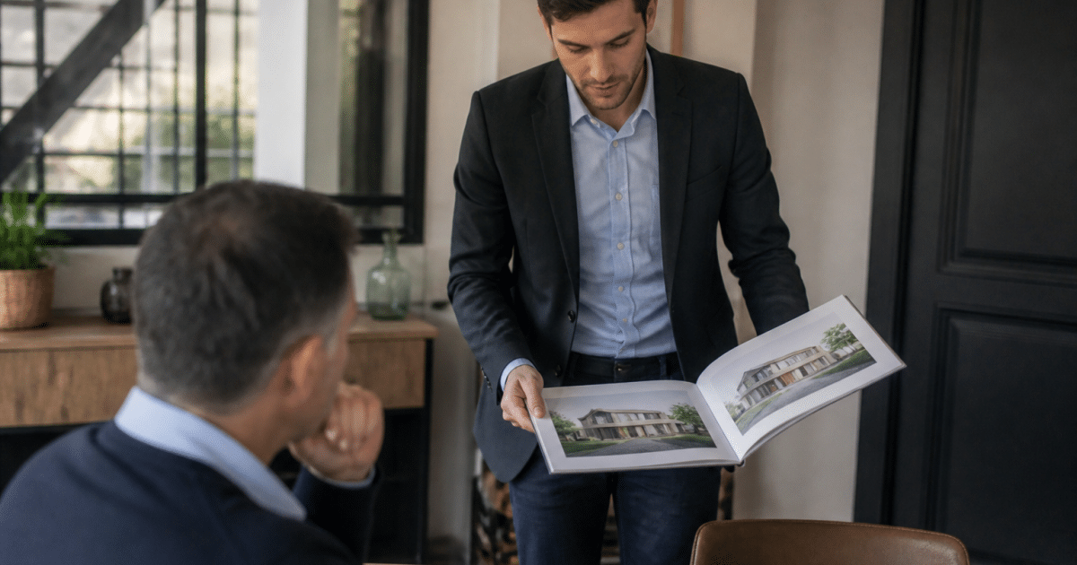 Jeune homme debout presentant documents immobiliers a client assis