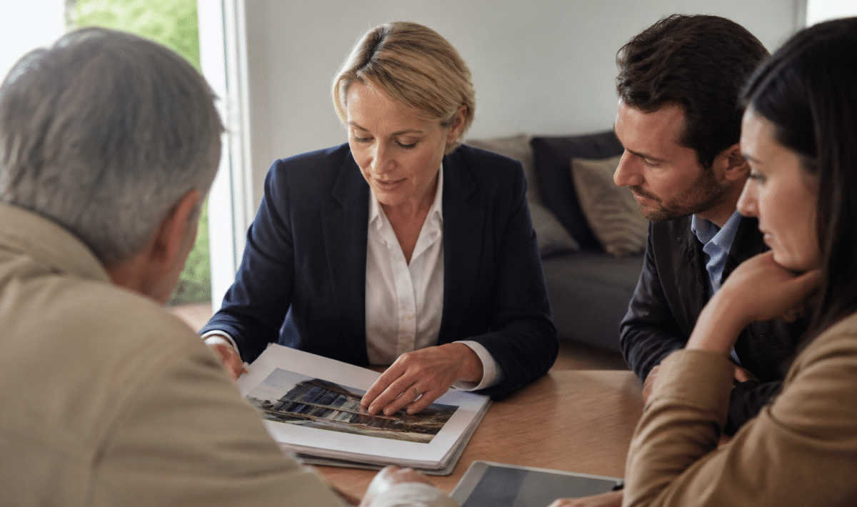 Formateur presentant documents immobiliers a groupe assise autour table