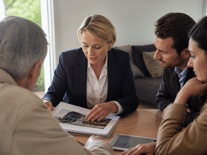Formateur presentant documents immobiliers a groupe assise autour table