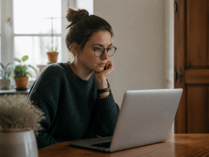 Personne assise devant ordinateur portable consultant cours formation immobilier
