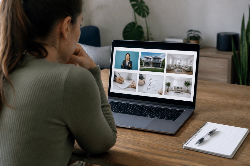 Ecran affichant videos modules quiz formation immobilier ligne