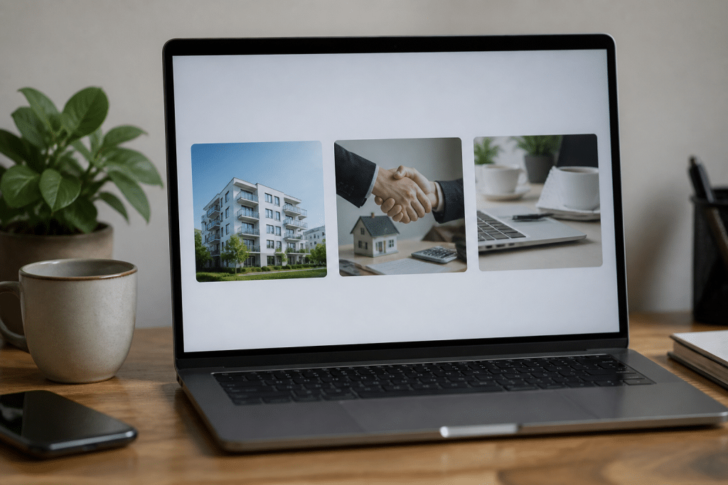 Ordinateur affichant trois modules de formation immobiliere