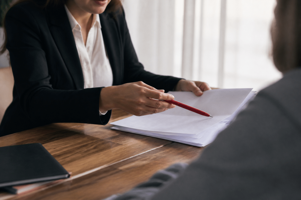 Agent immobilier montrant documents contrat avec stylo rouge