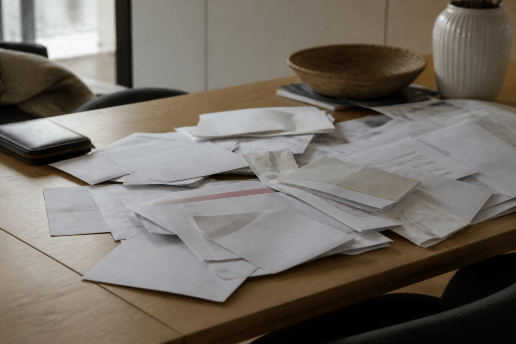 Documents administratifs et factures etalees sur bureau