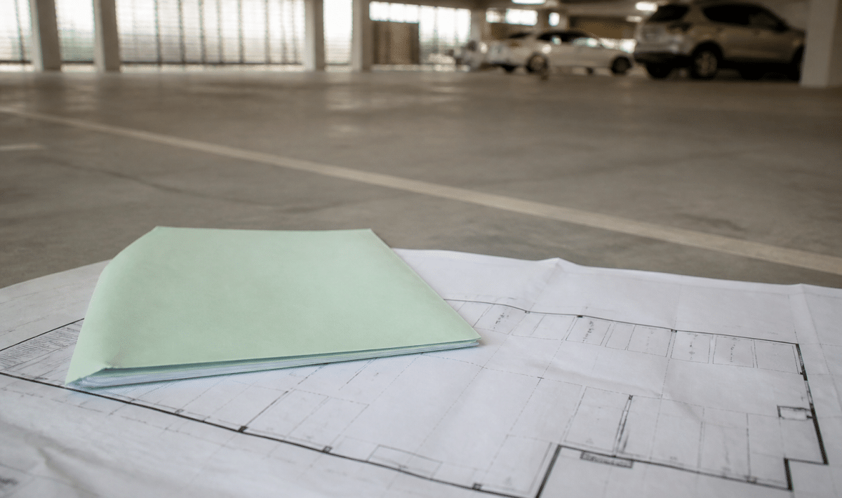 Document notarié posé sur plan parking souterrain