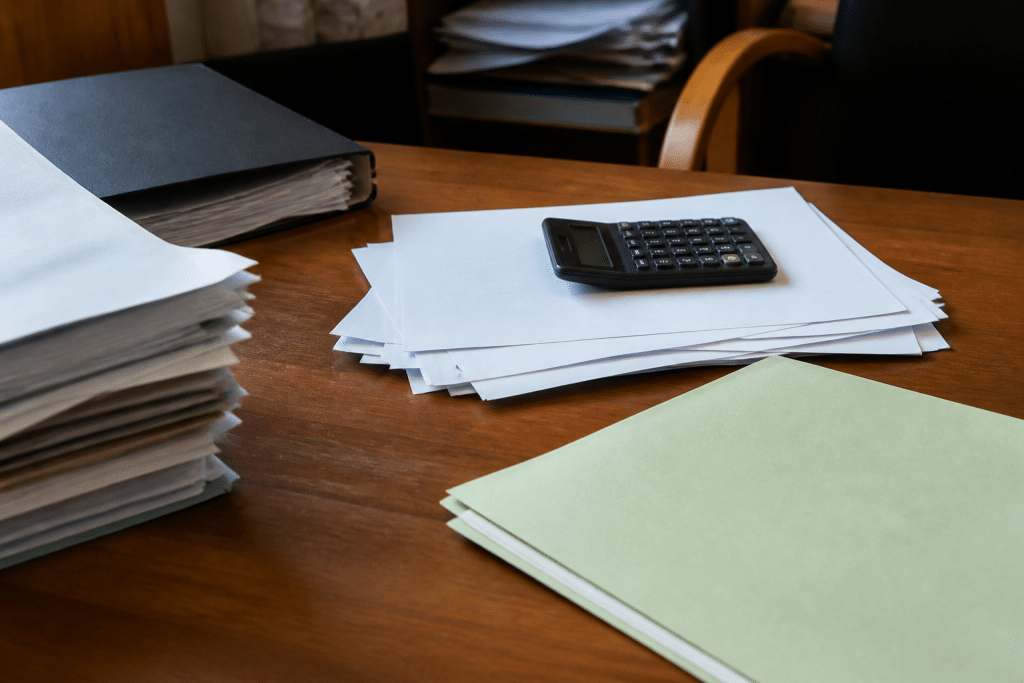 Documents contrats et calculatrice sur bureau professionnel