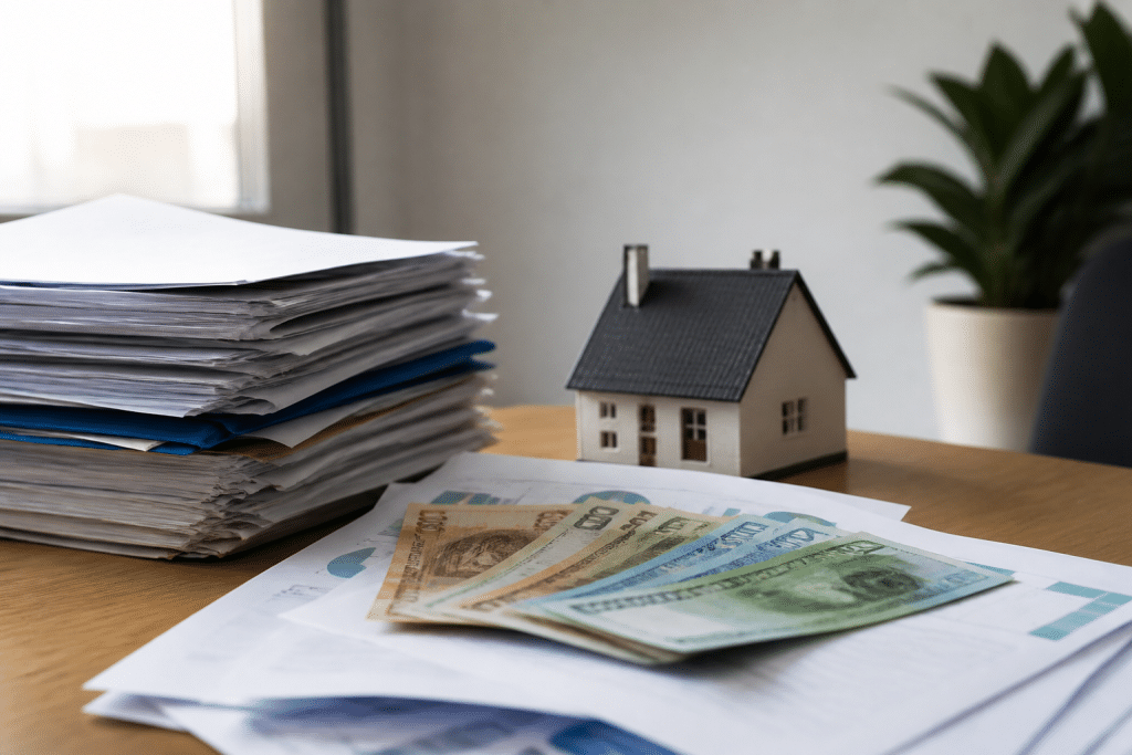 Documents fiscaux et billets montrant gains investissement immobilier