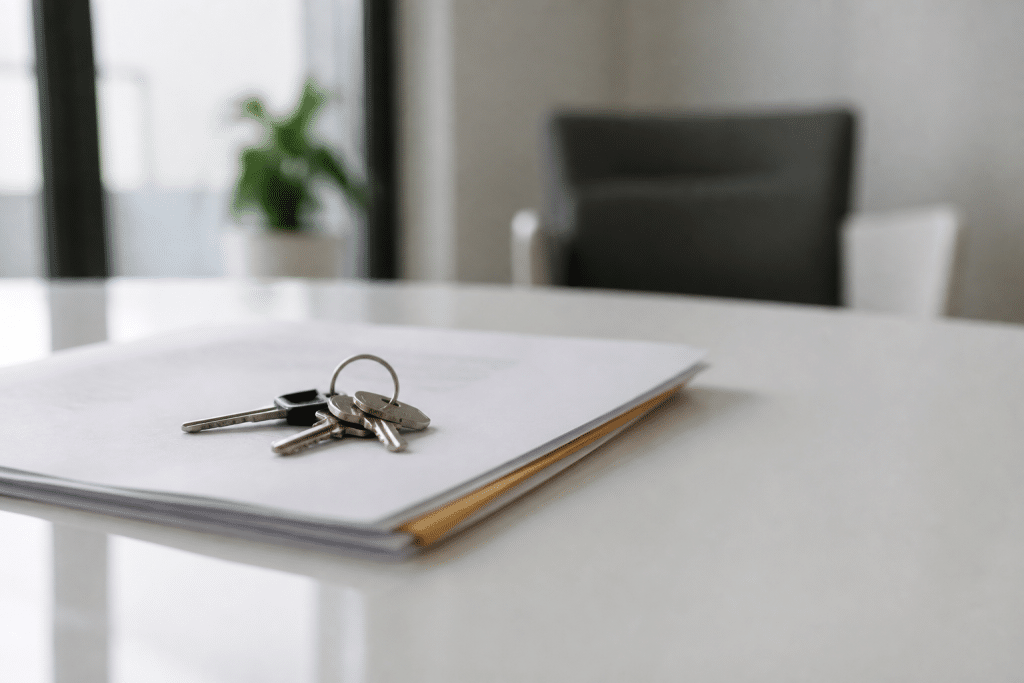 Documents immobiliers et cles posees sur table blanche