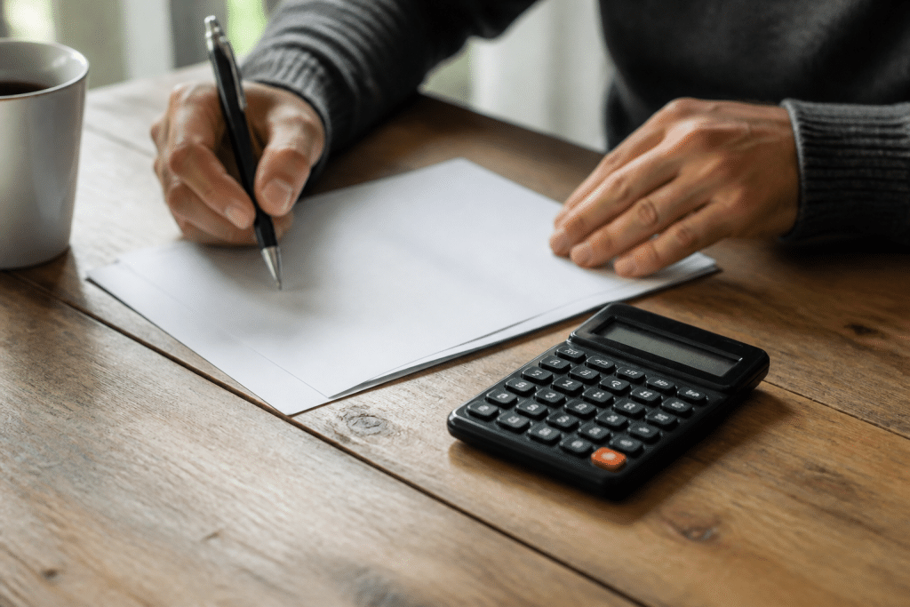 Document loyer avec stylo et calculatrice affichant chiffres