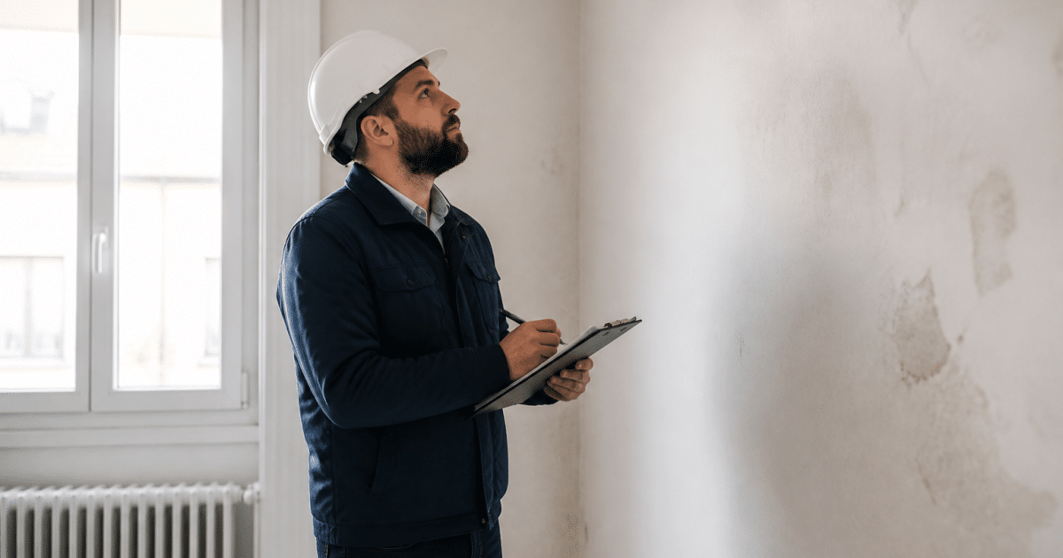 Inspecteur tenant document clipboard examenant mur blanc interieur