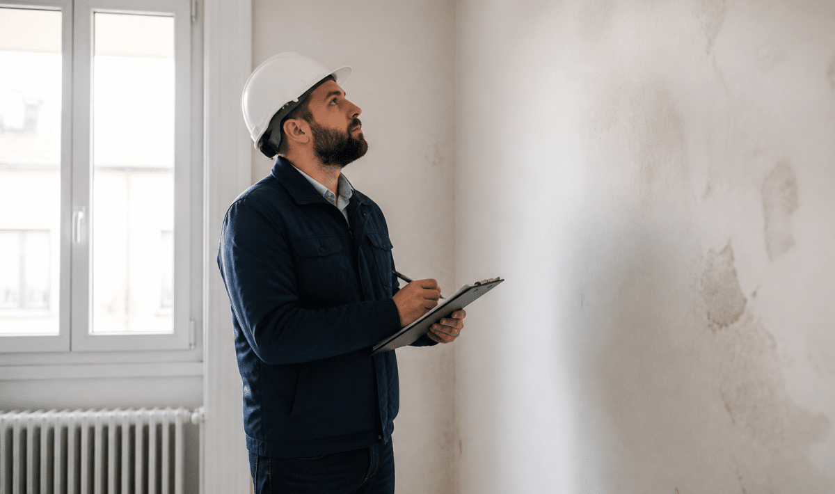 Inspecteur tenant document clipboard examenant mur blanc interieur