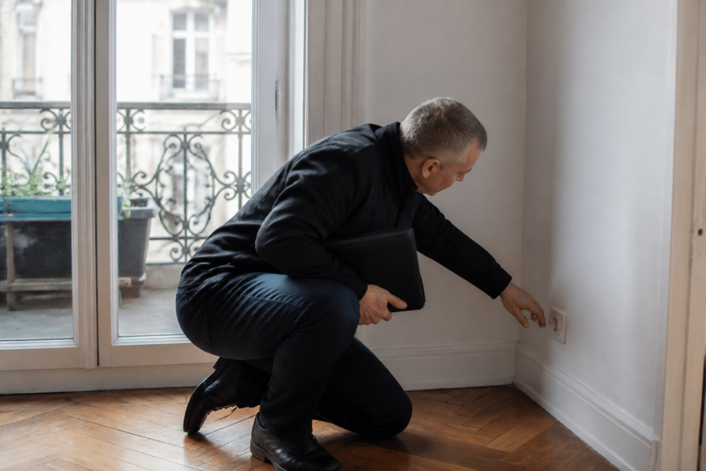Agent inspectant murs, sols et installations electriques appartement