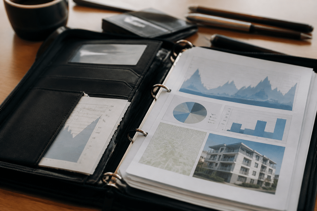 Portefeuille d'investissement affichant graphiques immobiliers et documents financiers