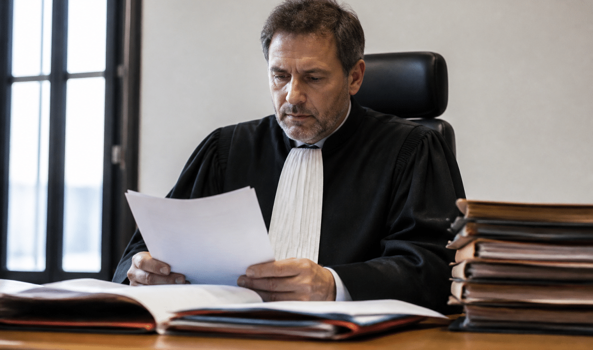 Juge assis derriere bureau tenant documents legal francais