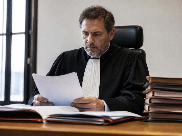 Juge assis derriere bureau tenant documents legal francais