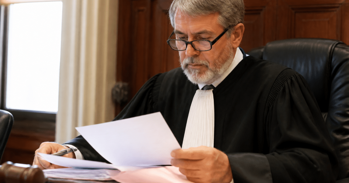 Juge assis derriere bureau examinant documents immobiliers