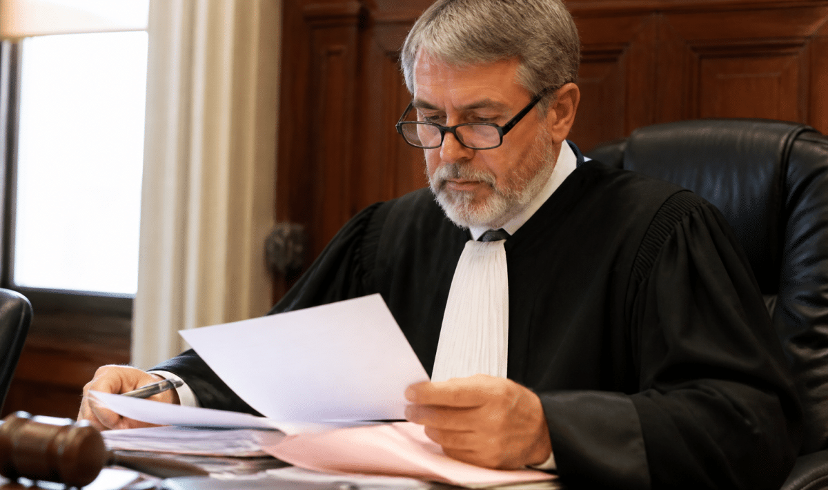 Juge assis derriere bureau examinant documents immobiliers