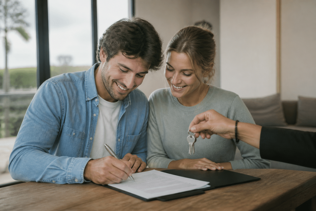 Jeune couple signant contrat achat maison clés argent