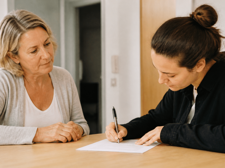 Locataire signant document contrat devant proprietaire immobilier assis