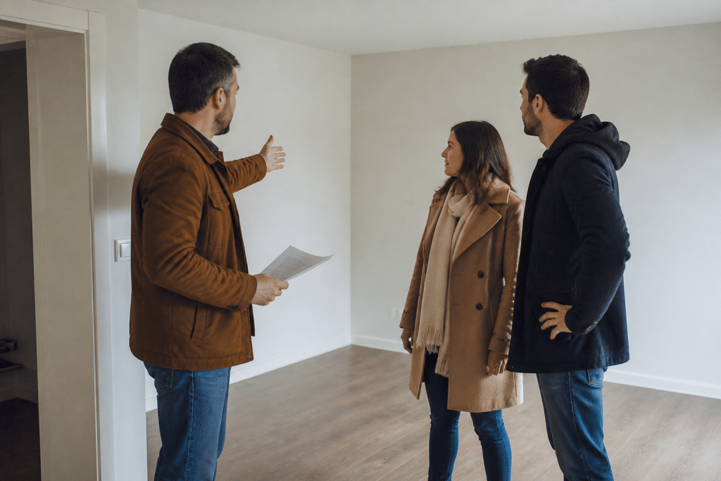 Propriétaire montrant maison vide à couple intéressé, documents signés
