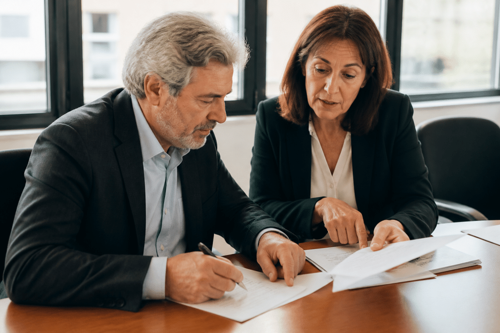 Couple senior consultant documents pret bancaire bureau
