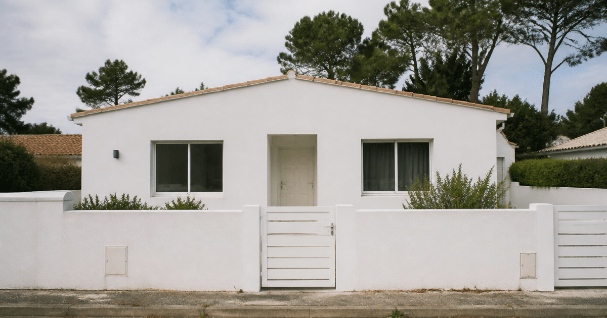 Maison blanche avec panneau prix visible, facade de face