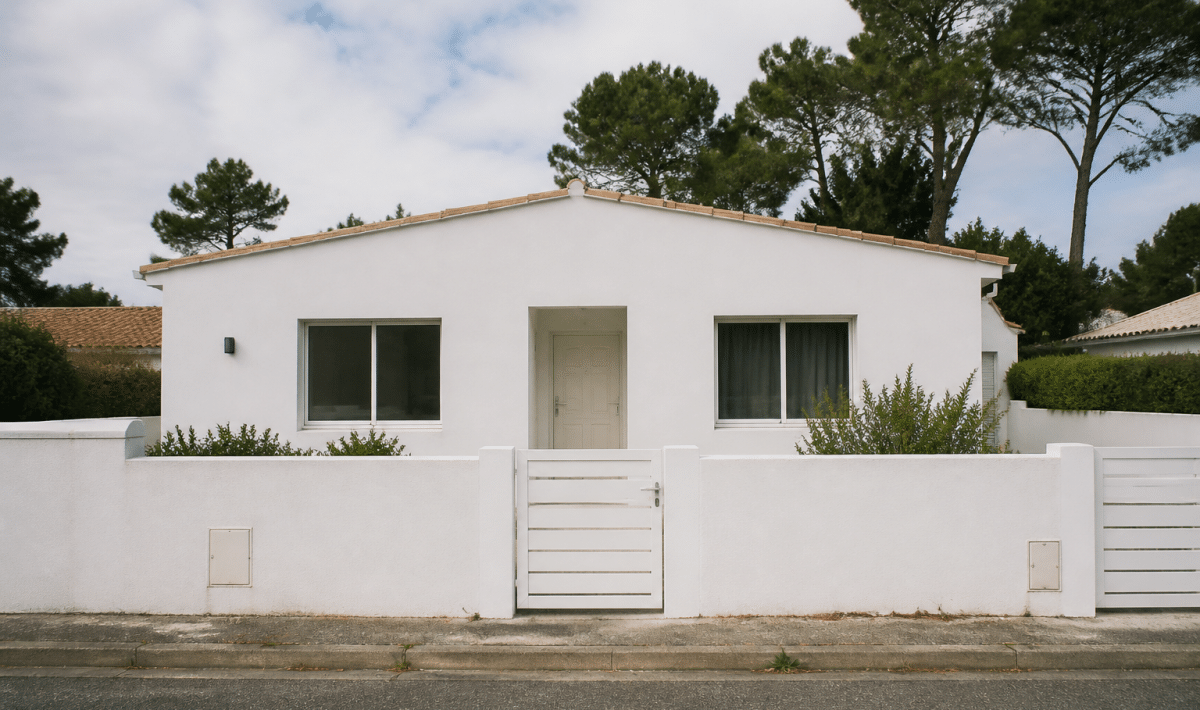 Maison blanche avec panneau prix visible, facade de face