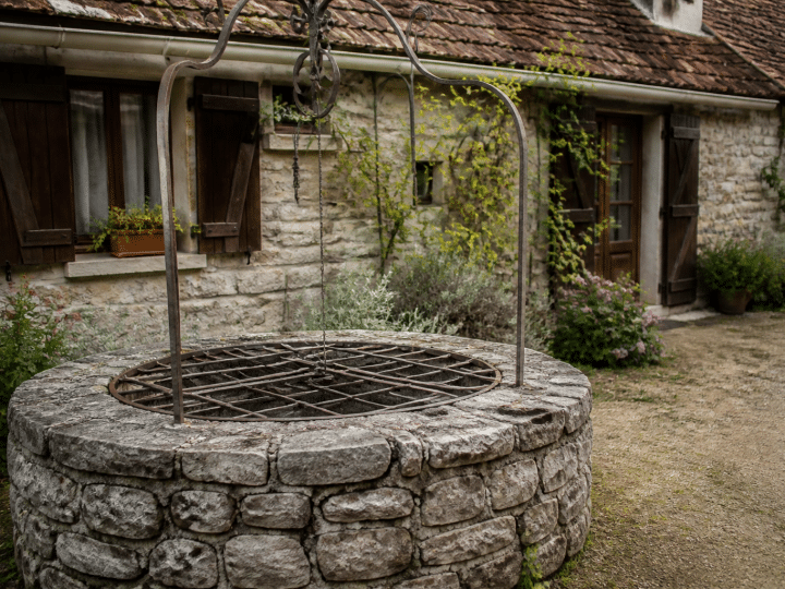 Maison ancienne avec puits de pierre visible en avant-plan
