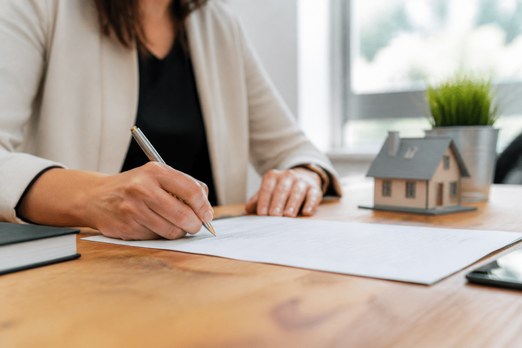 Contrat immobilier signé avec stylo et calendrier trois mois