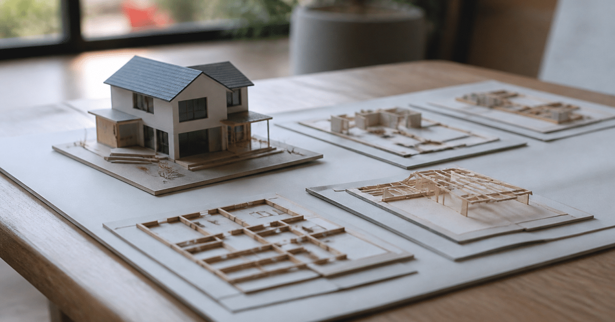 Maquette maison posee sur plans etapes construction ordonnees